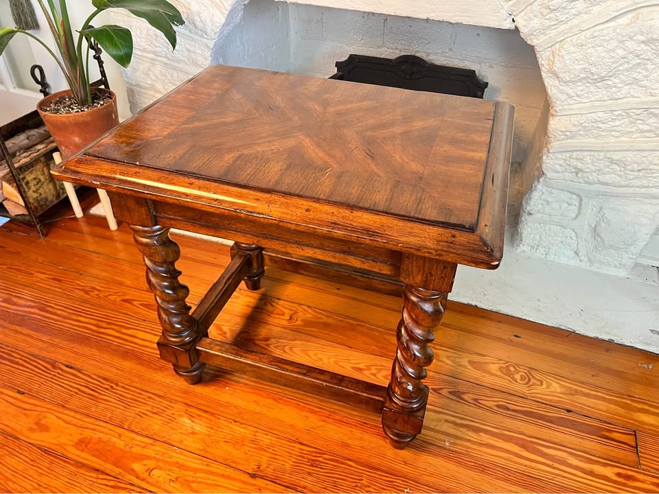 Barley Twist Wood Side Table | Jacobean Revival | Parquetry Top, gallery view 3