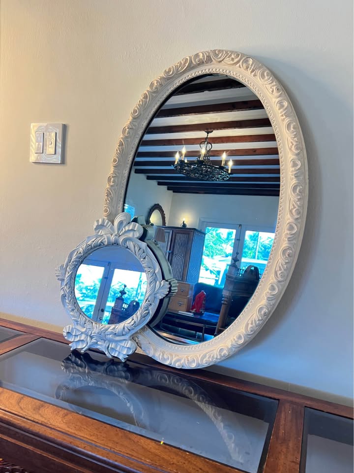 Round Wall Mirror | Vintage Ivory French Louis XVI Accent Mirror, gallery view 3