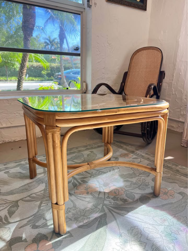 Rattan Side Table | Bamboo Glass Top Coastal Accent Table | 28” Wide, gallery view 2