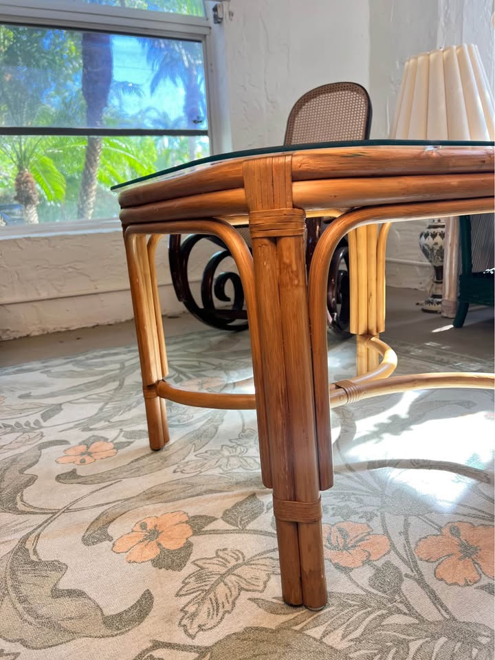 Rattan Side Table | Bamboo Glass Top Coastal Accent Table | 28” Wide, gallery view 3