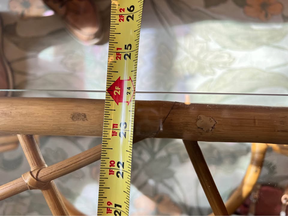 Rattan Side Table | Bamboo Glass Top Coastal Accent Table | 28” Wide, gallery view 7