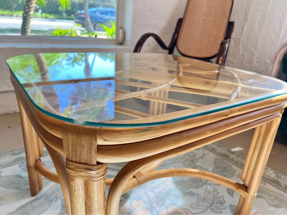 Rattan Side Table | Bamboo Glass Top Coastal Accent Table | 28” Wide, gallery view 8