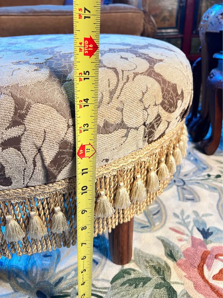 Vintage Round Ottoman | Floral Jacquard & Bullion Fringe, gallery view 2