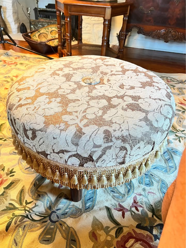 Vintage Round Ottoman | Floral Jacquard & Bullion Fringe, gallery view 4