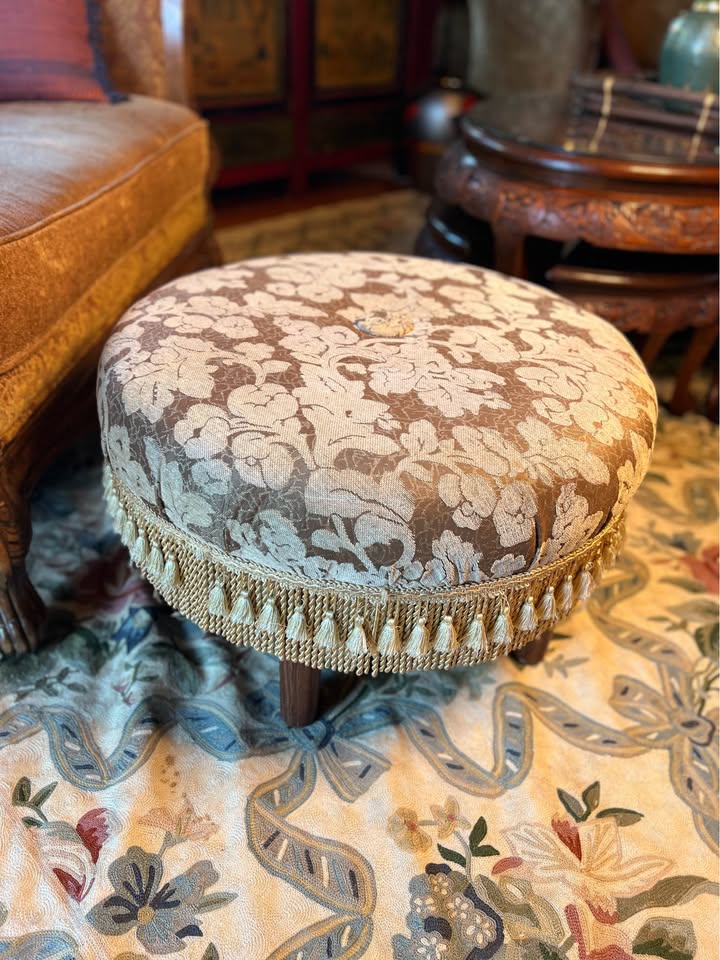 Vintage Round Ottoman | Floral Jacquard & Bullion Fringe, gallery view 5