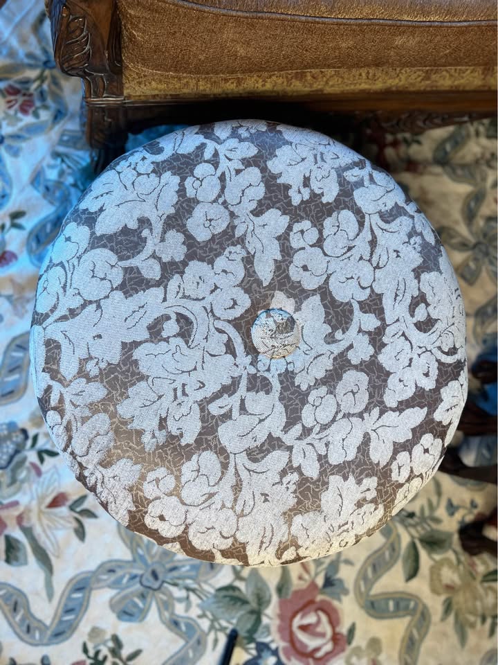 Vintage Round Ottoman | Floral Jacquard & Bullion Fringe, gallery view 6