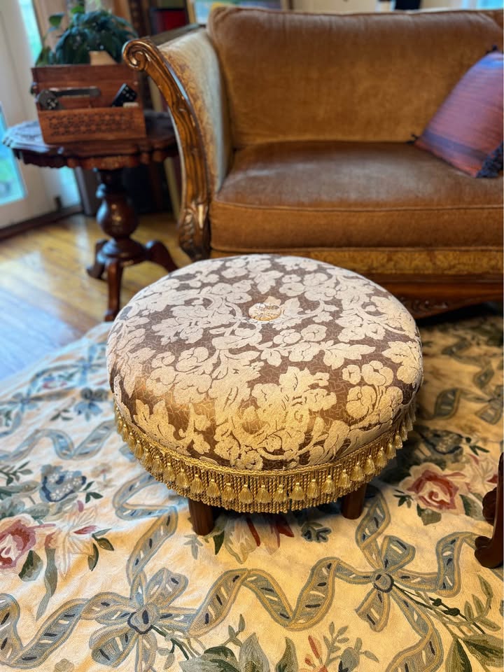 Vintage Round Ottoman | Floral Jacquard & Bullion Fringe, gallery view 8