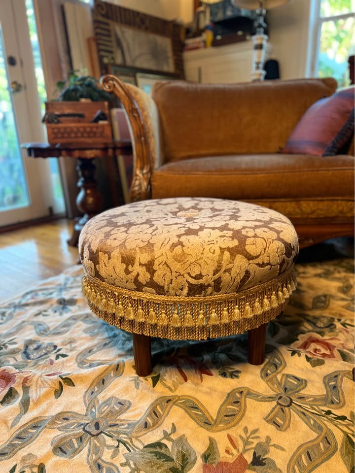 Vintage Round Ottoman | Floral Jacquard & Bullion Fringe, gallery view 9