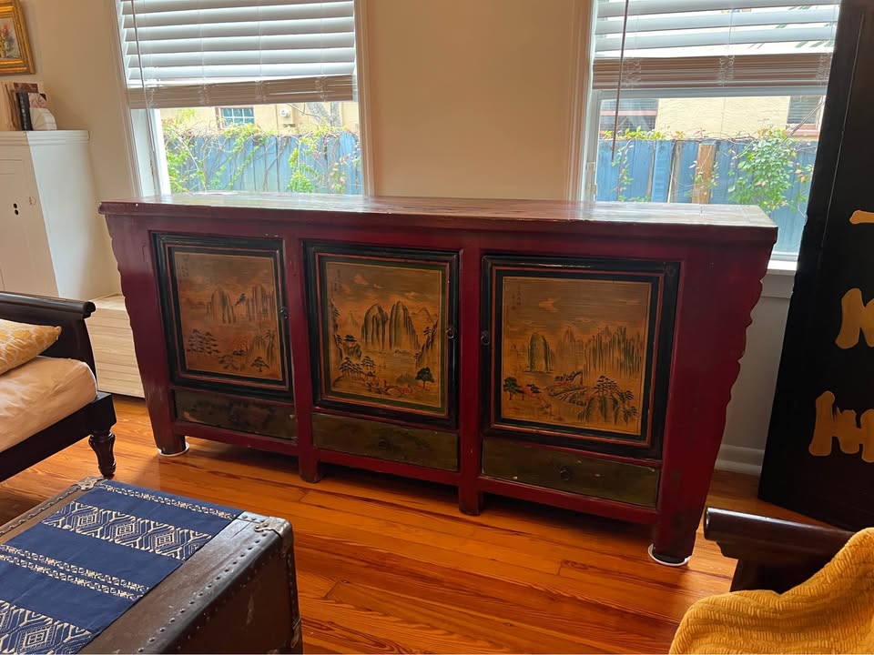 Antique Chinese Red Lacquer Sideboard | Hand Painted Asian Cabinet, gallery view 3