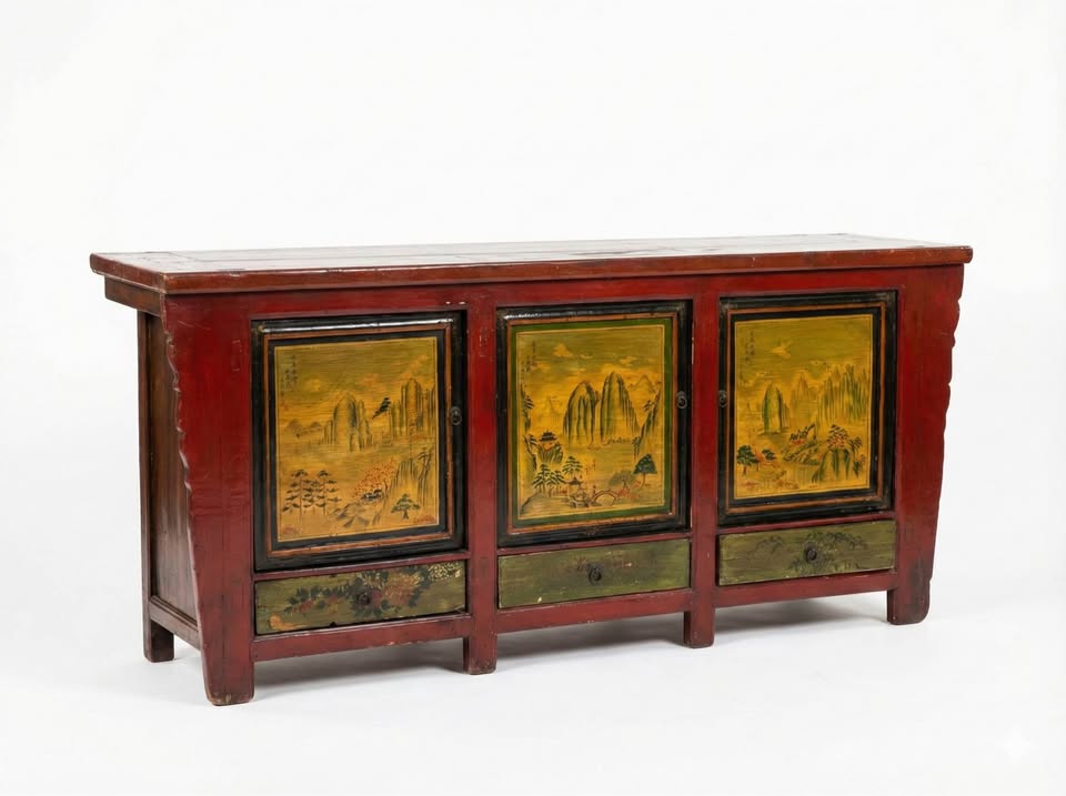 Antique Chinese Red Lacquer Sideboard | Hand Painted Asian Cabinet, gallery view 4