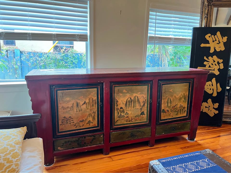 Antique Chinese Red Lacquer Sideboard | Hand Painted Asian Cabinet, gallery view 7