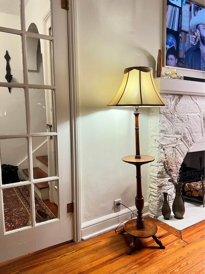 MCM Wood Floor Lamp with Table | Vintage Mid-Century, gallery view 4