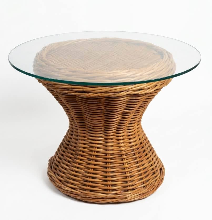 Woven Rattan Drum Side Table | Vintage Coastal Pedestal with Glass Top, gallery view 2