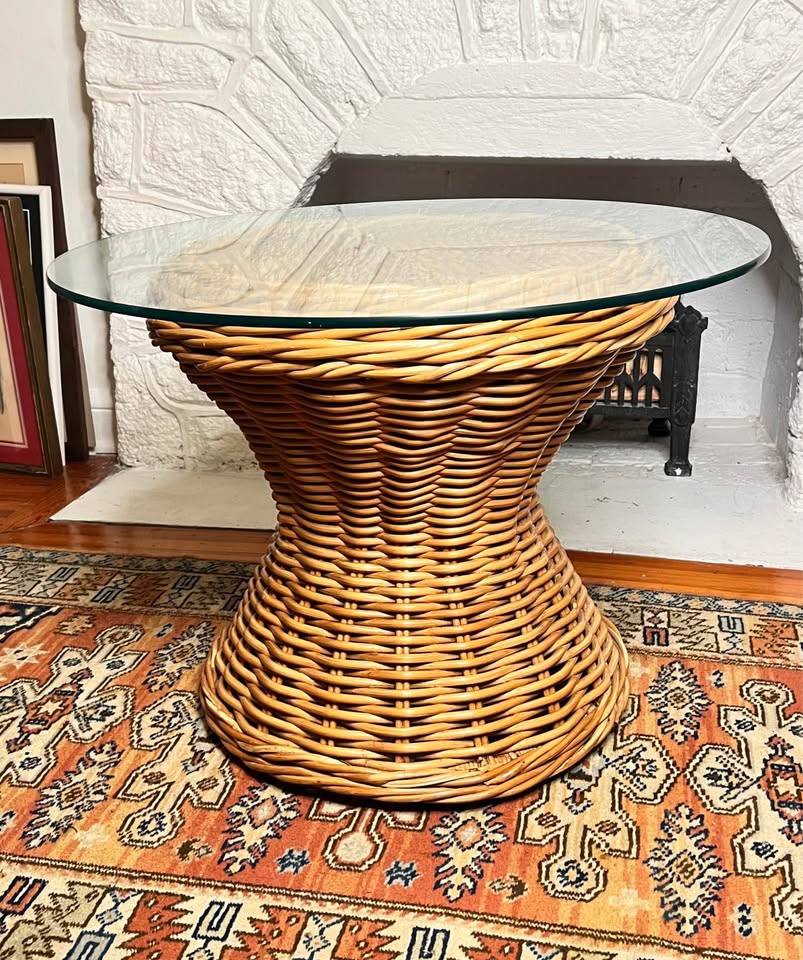 Woven Rattan Drum Side Table | Vintage Coastal Pedestal with Glass Top, gallery view 3