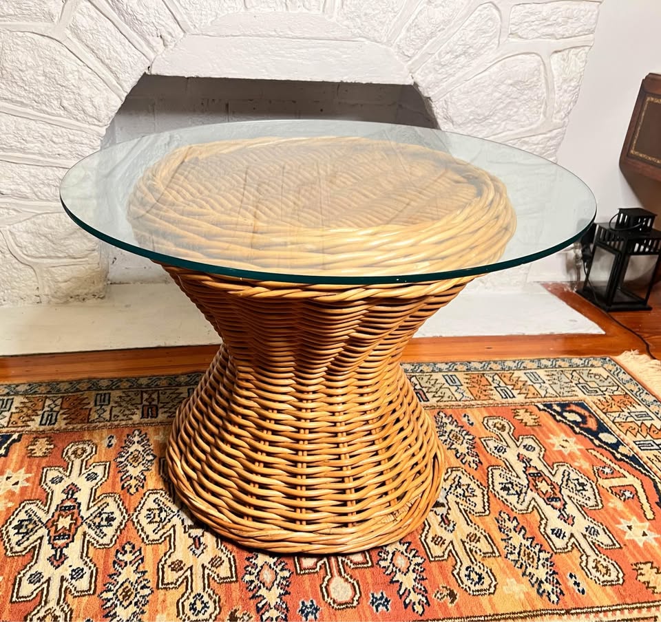 Woven Rattan Drum Side Table | Vintage Coastal Pedestal with Glass Top, gallery view 4