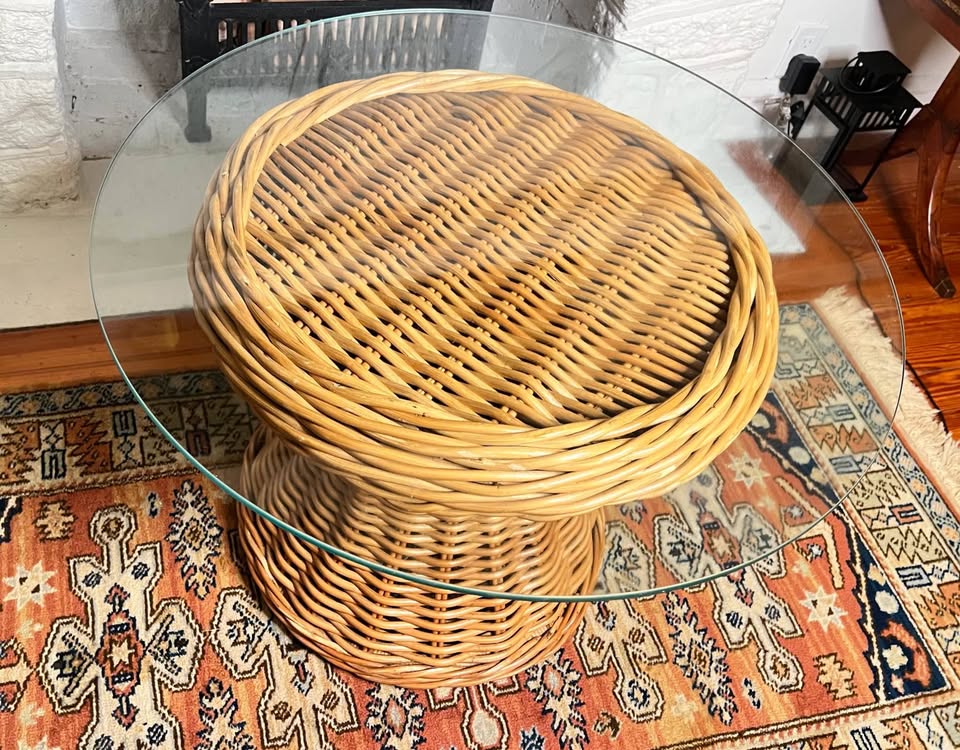 Woven Rattan Drum Side Table | Vintage Coastal Pedestal with Glass Top, gallery view 5