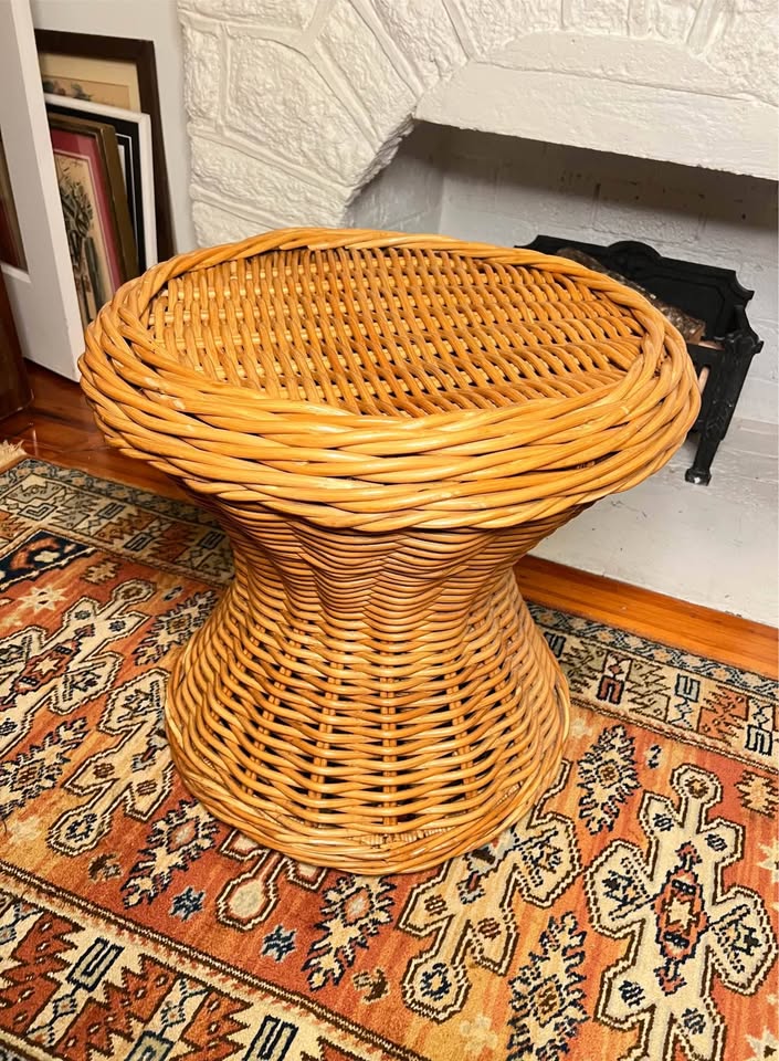 Woven Rattan Drum Side Table | Vintage Coastal Pedestal with Glass Top, gallery view 6
