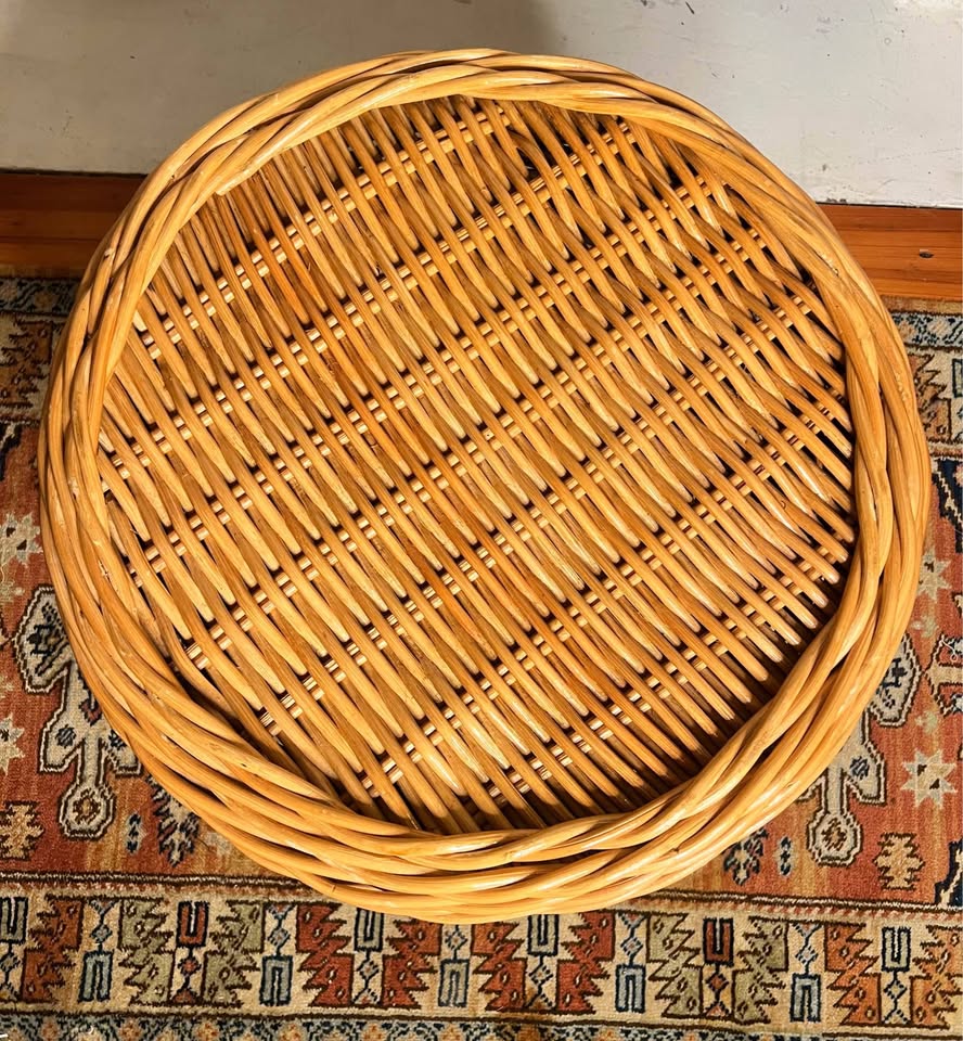 Woven Rattan Drum Side Table | Vintage Coastal Pedestal with Glass Top, gallery view 7
