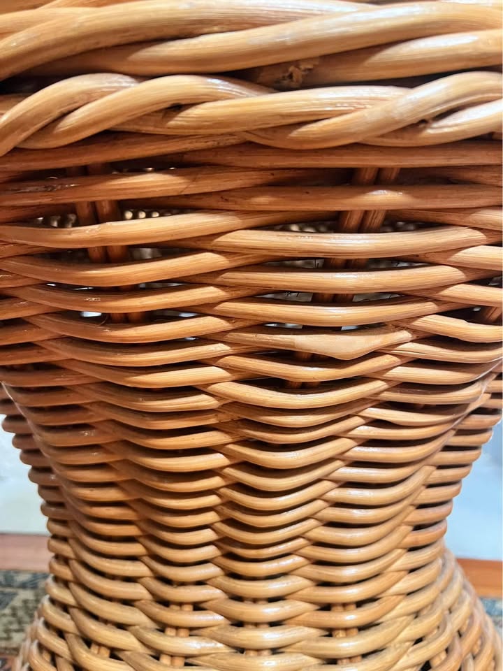 Woven Rattan Drum Side Table | Vintage Coastal Pedestal with Glass Top, gallery view 8