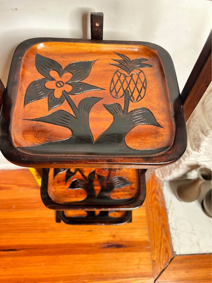 Vintage Carved Wood 3-Tier Folding Stand or Shelf | Pineapple, gallery view 4