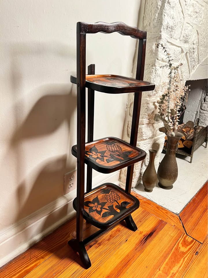Vintage Carved Wood 3-Tier Folding Stand or Shelf | Pineapple, gallery view 5