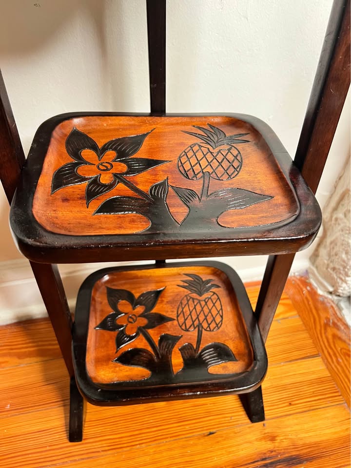Vintage Carved Wood 3-Tier Folding Stand or Shelf | Pineapple, gallery view 7