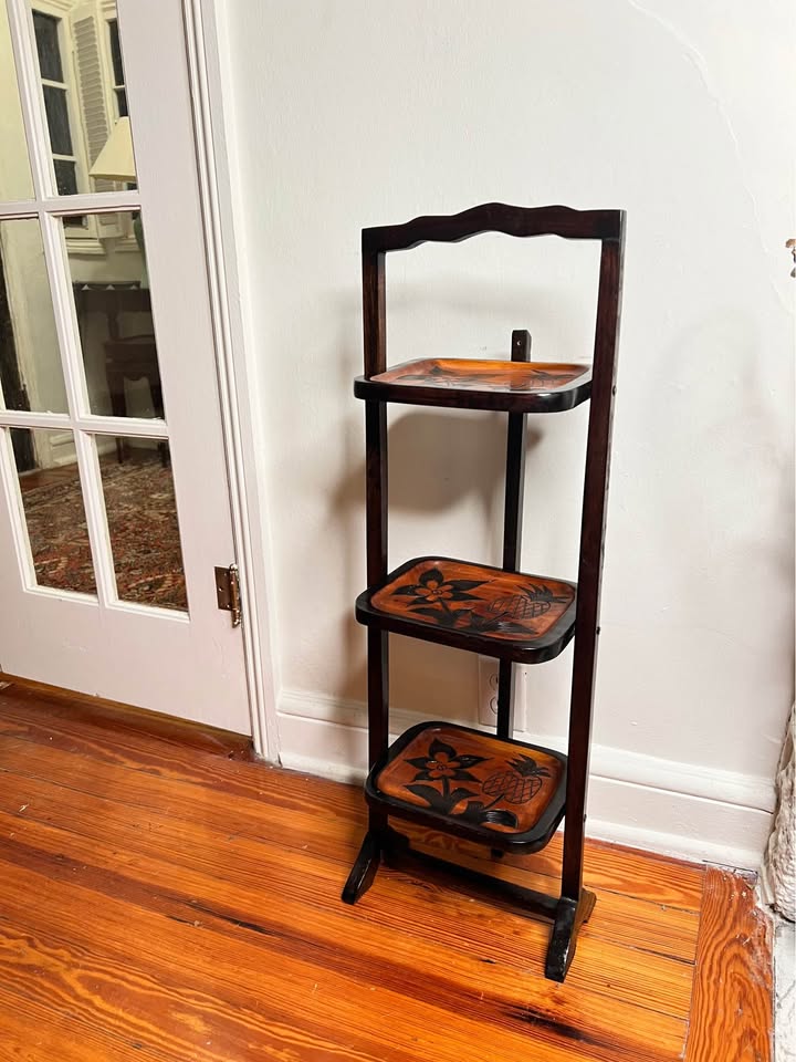 Vintage Carved Wood 3-Tier Folding Stand or Shelf | Pineapple, gallery view 8