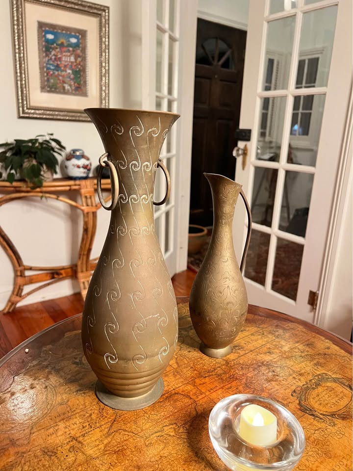 Vintage Brass Vase Pair | Hand-Etched Indian Ewer & Ring-Handle Floor Vase, gallery view 2