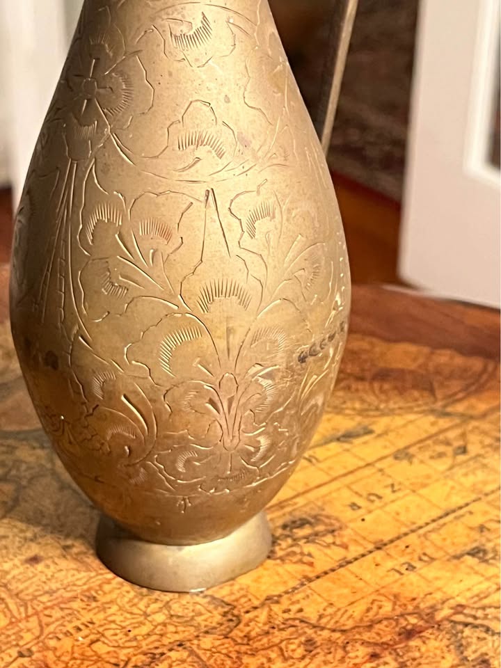 Vintage Brass Vase Pair | Hand-Etched Indian Ewer & Ring-Handle Floor Vase, gallery view 3