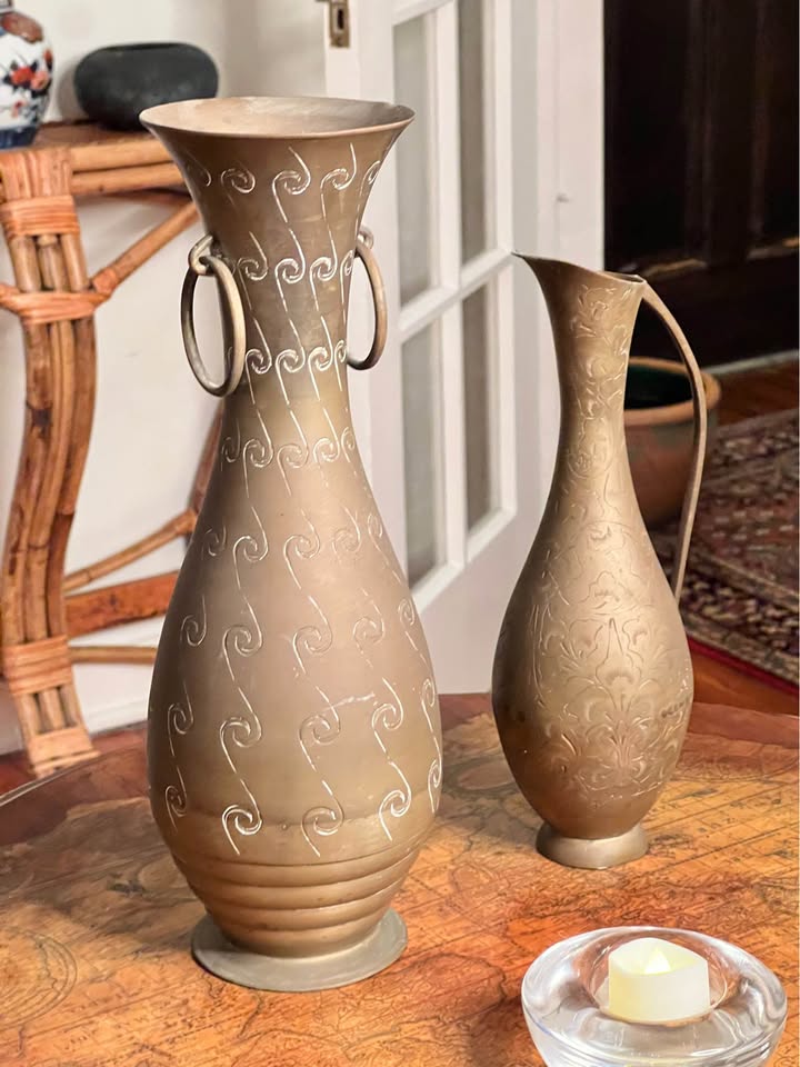 Vintage Brass Vase Pair | Hand-Etched Indian Ewer & Ring-Handle Floor Vase, gallery view 4