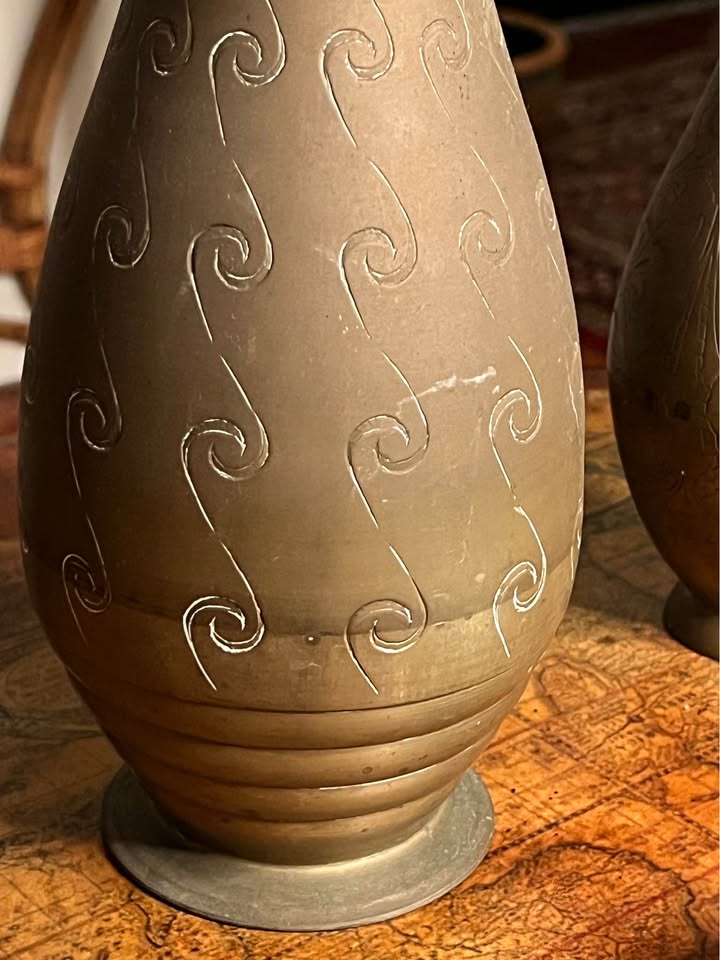 Vintage Brass Vase Pair | Hand-Etched Indian Ewer & Ring-Handle Floor Vase, gallery view 5