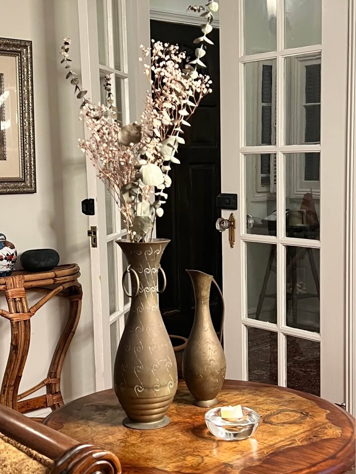 Vintage Brass Vase Pair | Hand-Etched Indian Ewer & Ring-Handle Floor Vase, gallery view 6
