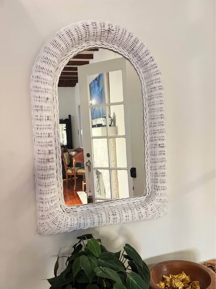 White Wicker Wall Mirror | Coastal Organic Modern | Vintage Arched Rattan Style, gallery view 2