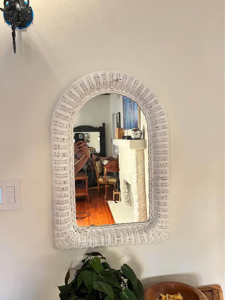 White Wicker Wall Mirror | Coastal Organic Modern | Vintage Arched Rattan Style, gallery view 3
