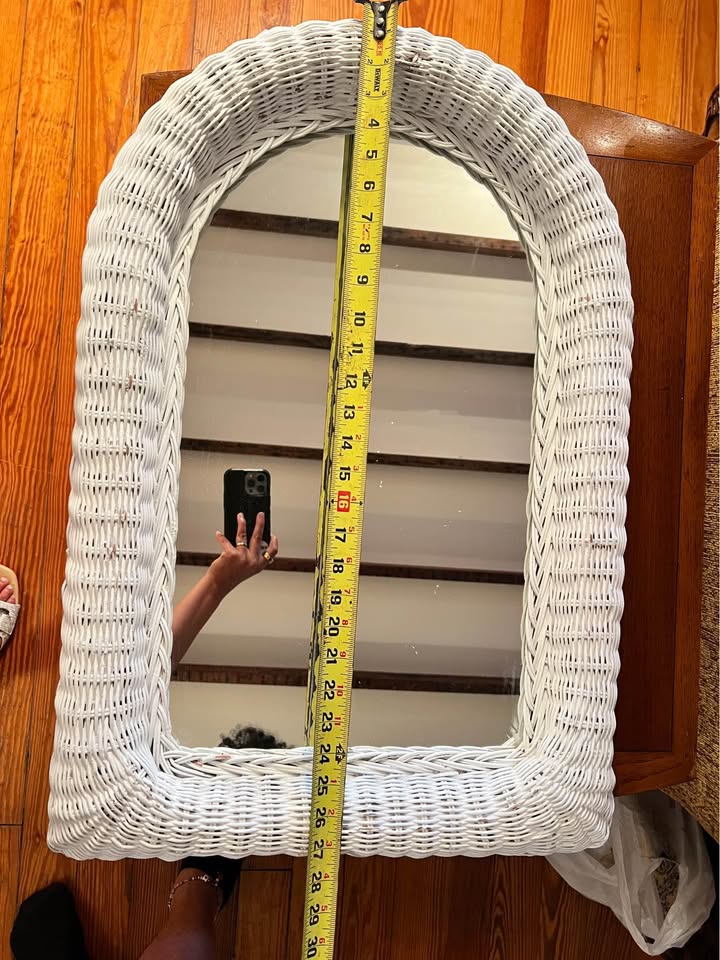 White Wicker Wall Mirror | Coastal Organic Modern | Vintage Arched Rattan Style, gallery view 4