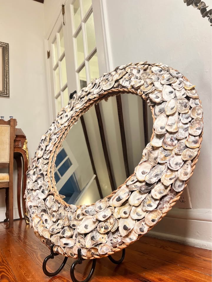 Large Oyster Shell Mirror | Round Coastal Statement Mirror, gallery view 5