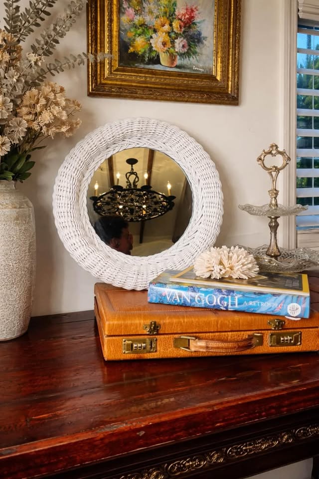 Small White Wicker Round Mirror | Coastal Palm Beach Wall Mirror | Rattan Style Decorm, gallery view 2