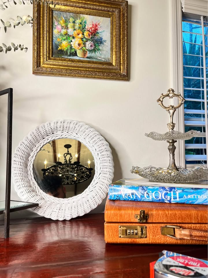 Small White Wicker Round Mirror | Coastal Palm Beach Wall Mirror | Rattan Style Decorm, gallery view 3