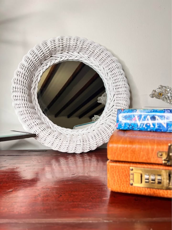 Small White Wicker Round Mirror | Coastal Palm Beach Wall Mirror | Rattan Style Decorm, gallery view 4
