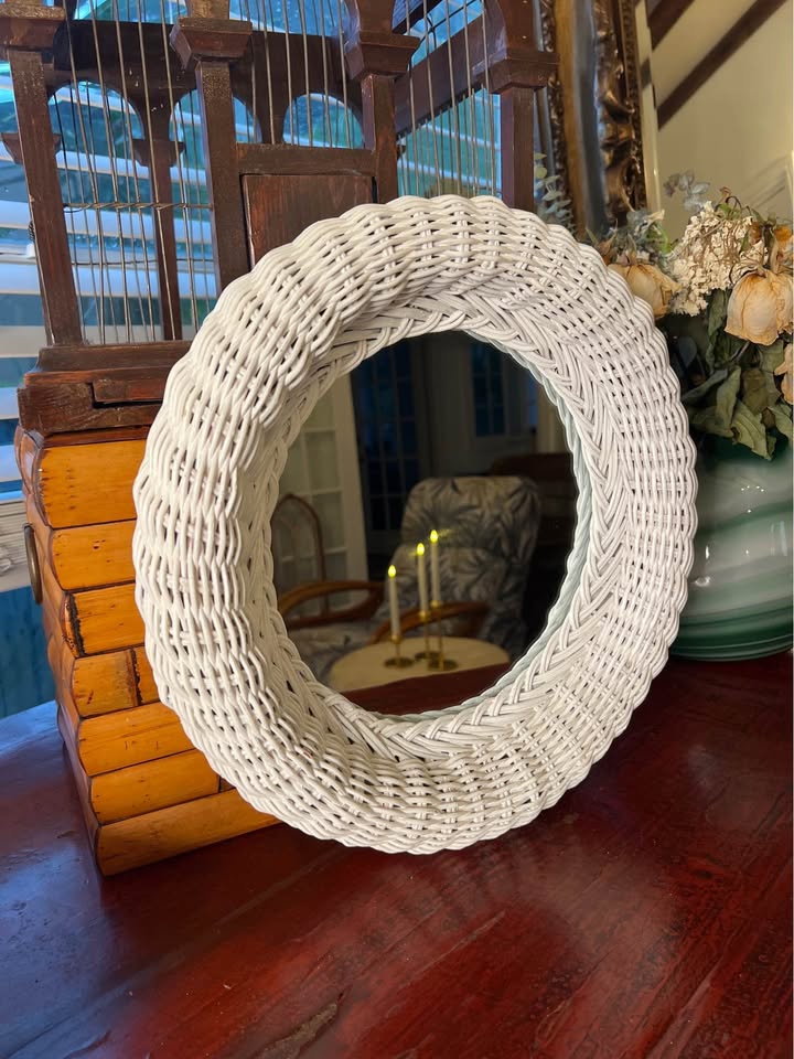 Small White Wicker Round Mirror | Coastal Palm Beach Wall Mirror | Rattan Style Decorm, gallery view 5