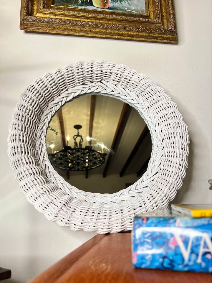 Small White Wicker Round Mirror | Coastal Palm Beach Wall Mirror | Rattan Style Decorm, gallery view 6