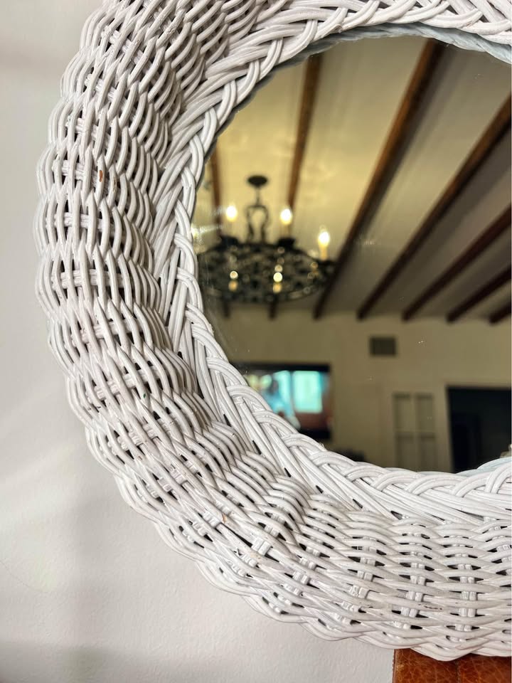 Small White Wicker Round Mirror | Coastal Palm Beach Wall Mirror | Rattan Style Decorm, gallery view 8