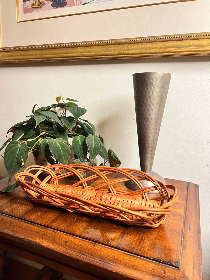 Vintage Rattan Serving Tray | Sculptural Woven Oval Basket, gallery view 5