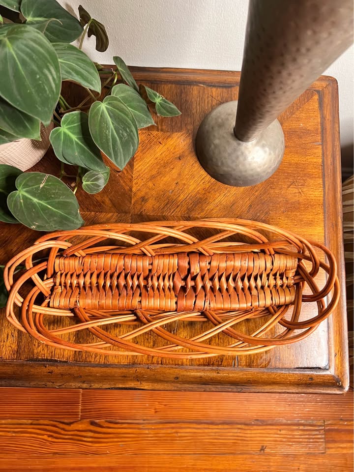 Vintage Rattan Serving Tray | Sculptural Woven Oval Basket, gallery view 6