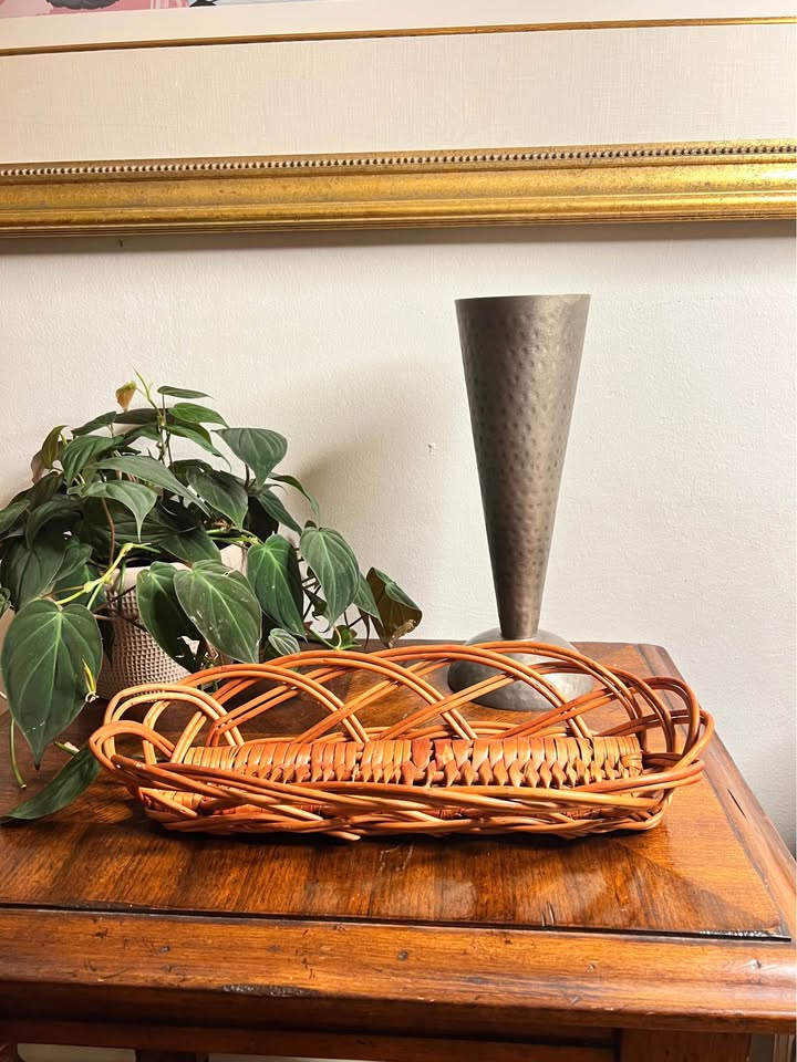 Vintage Rattan Serving Tray | Sculptural Woven Oval Basket, gallery view 7