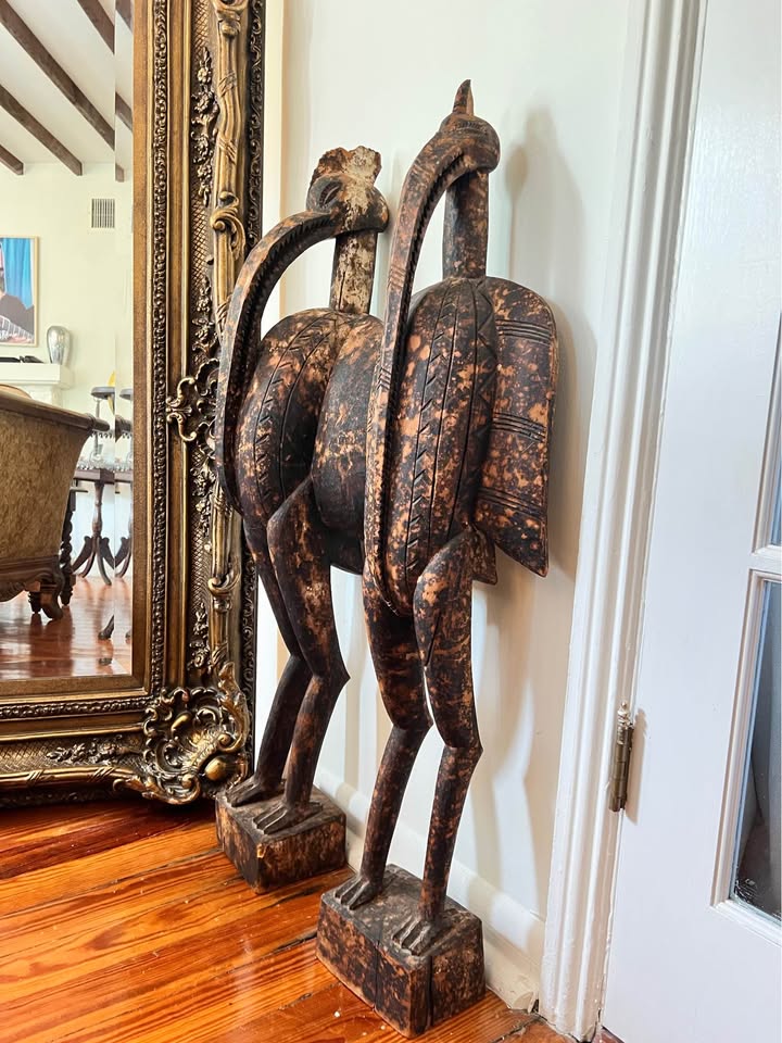 Pair Large African Wood Bird Sculptures | Senufo Style Floor Figures, gallery view 2