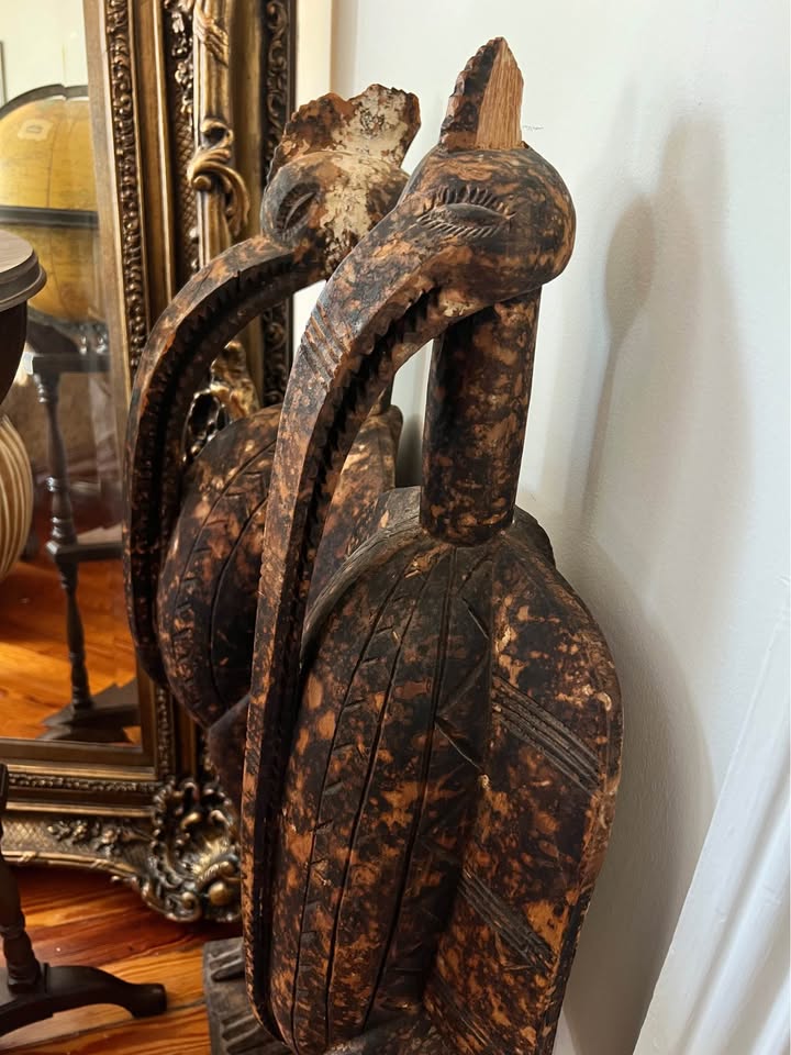 Pair Large African Wood Bird Sculptures | Senufo Style Floor Figures, gallery view 3