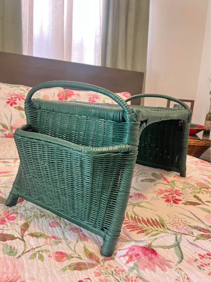 Vintage Wicker Bed Tray | Green Rattan Breakfast Table, gallery view 2
