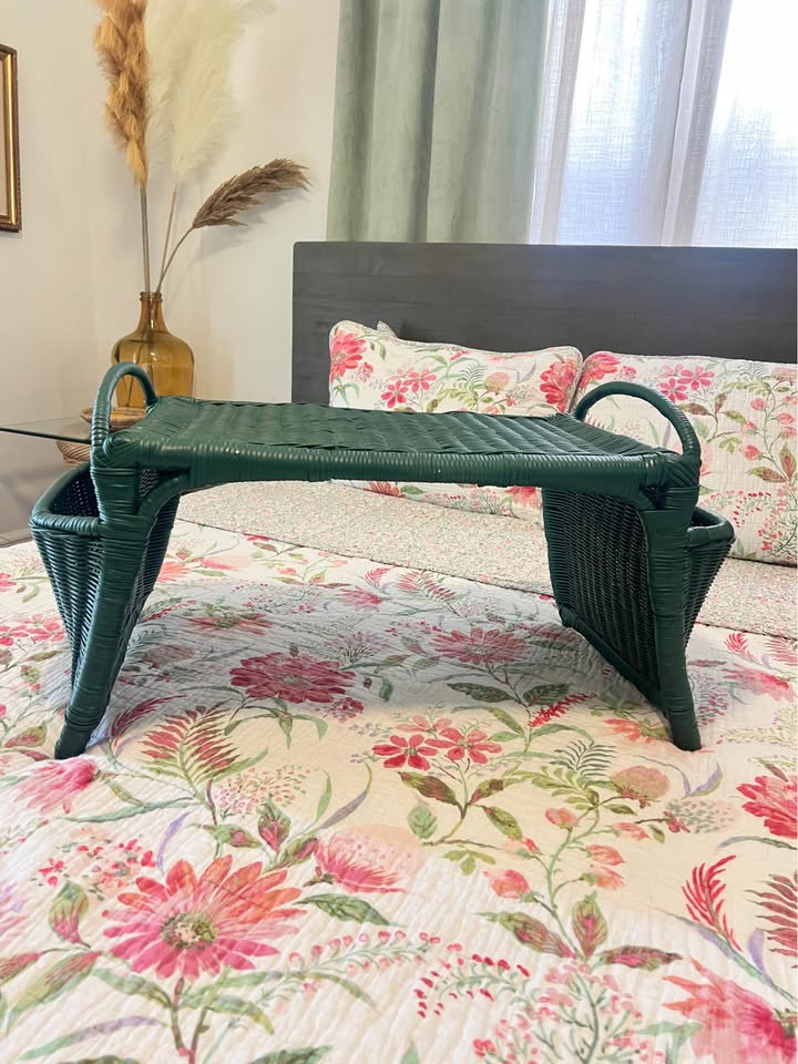 Vintage Wicker Bed Tray | Green Rattan Breakfast Table, gallery view 3
