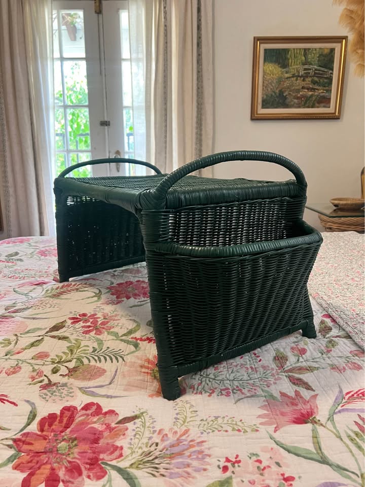 Vintage Wicker Bed Tray | Green Rattan Breakfast Table, gallery view 4